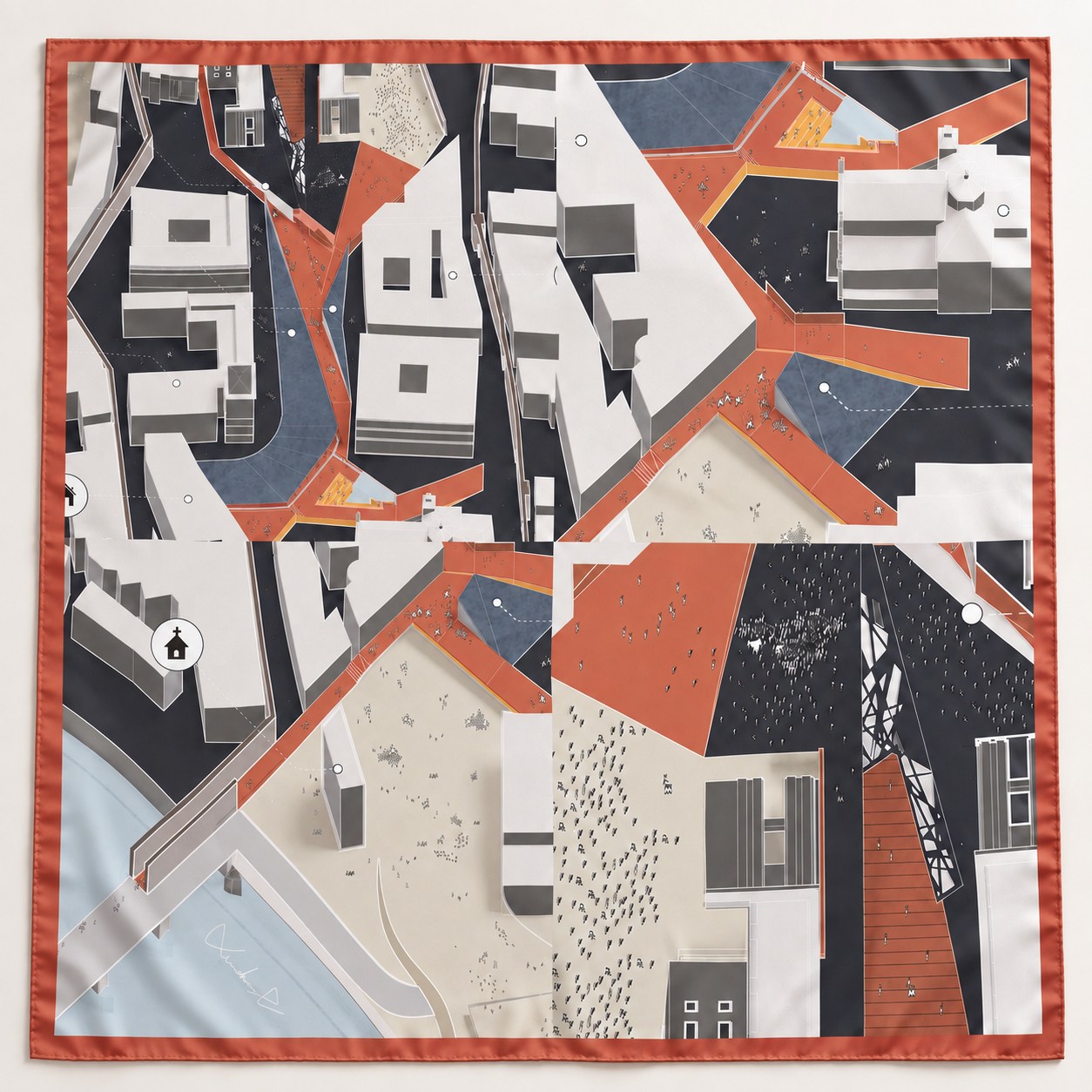 The New Ground, Terracotta, silk scarf laid flat